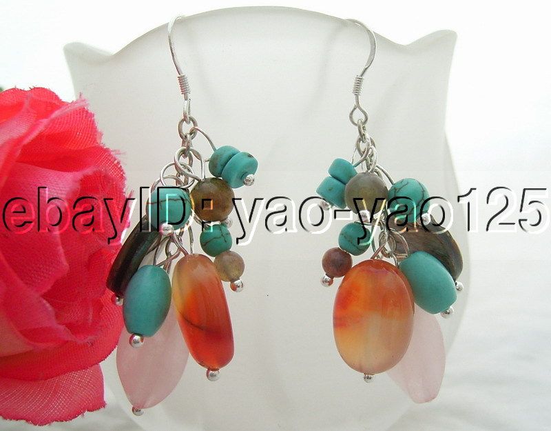 Agate&Turquoise&Carnelian Earring 925 Sliver Hook  