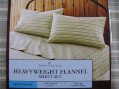 QUEEN GREEN SAGE STRIPE HEAVYWEIGHT FLANNEL SHEET SET NEW  