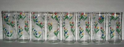 Vg Libbey Jubilee 80s Red Yellow Blue Tulips Glasses  