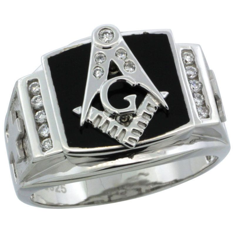 Sterling Silver Mens Black Onyx MASONIC Ring w/CZ & Frosted Crosses 