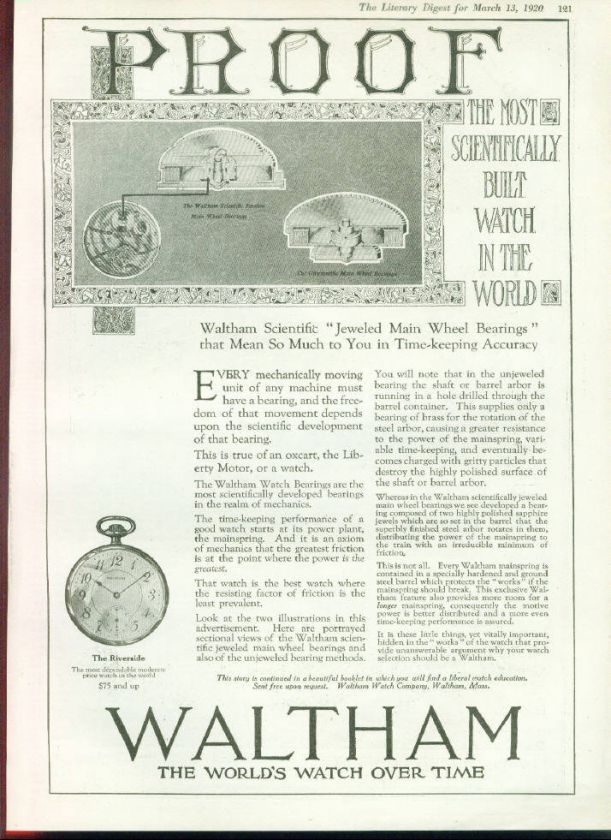 1920 Waltham Pocket Watch THE RIVERSIDE Ad  