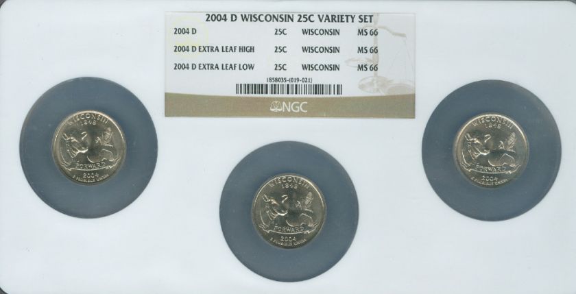 2004 D WISCONSIN QUARTER NGC MS66 LOW & HIGH LEAF SET 3  