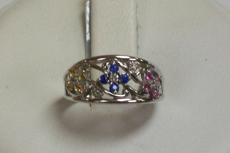 Brand New 10K White Gold Multi Color Sapphire Ring  