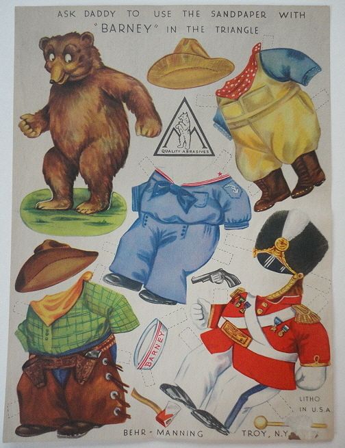 RARE Behr Manning Barney Teddy Bear Paper Doll c.1948  