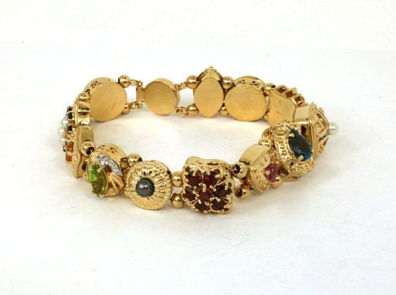 BEAUTIFUL 14K & GEMS SLIDE CHARM BRACELET W/ 13 CHARMS  