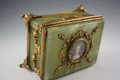 ANTIQUE FRENCH BRONZE ONYX PORTRAIT JEWELRY CASKET BOX  