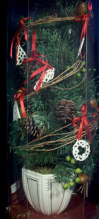   Table Top Xmas Topiary Tree Decorated w/ Ornaments Say It Silk  