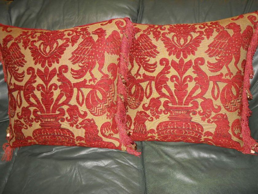 Throw Pillows Lee Jofa red chenille griffins birds PAIR  