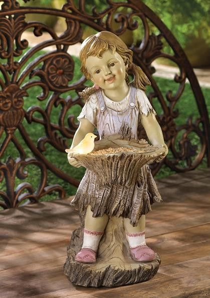 SOLAR LIGHT LAMP GIRL BIRD FEEDER SEED OUTDOOR GARDEN STATUE YARD NEW 