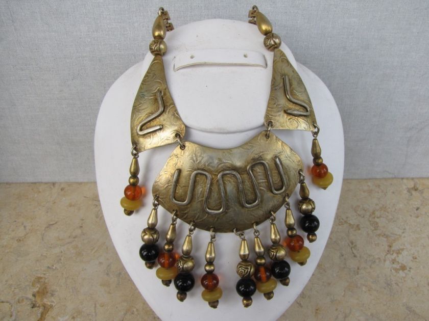   MODERNIST ONYX AMBER GILT BRASS NECKLACE SIGNED LILLO ISRAEL 1960s