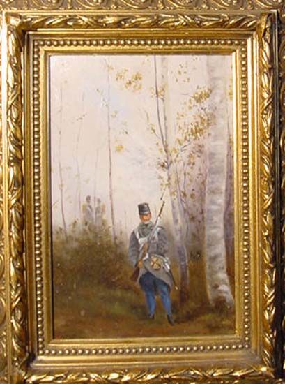 SIGNED OIL PAINTING w. OFFICIER SOLDIER in FOREST 1900  