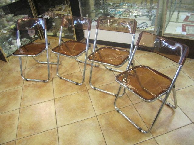 Italian Chrome Foldable Card Game Chairs, Caramel Colored Lucite 