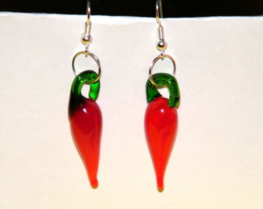 RED CHILI EARRINGS PEPPERS BIG GLASS 2 1/2 SILVER WIRE  