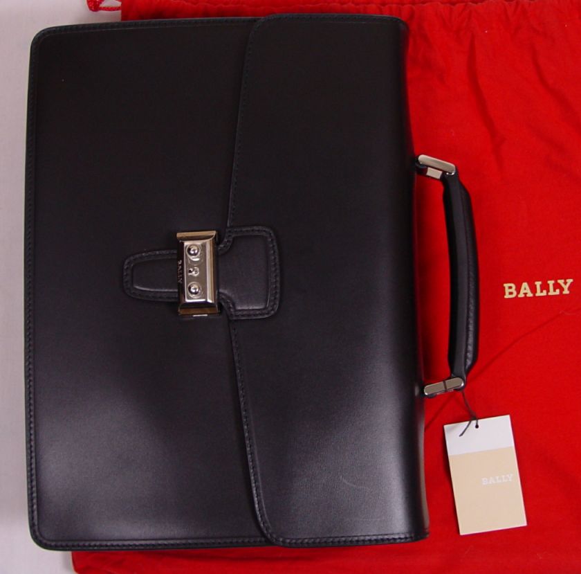 BALLY BRIEFCASE $1495 BLACK CALFSKIN LOGO ORNAMNETED HARDWARE BUSINESS 