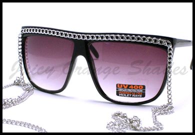 Womens FLAT TOP SILVER CHAIN CELEBRITY Oversized Sunglasses BLACK