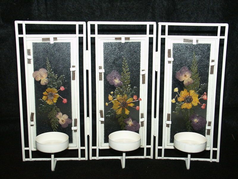 VOTIVE CANDLE HOLDER FOLDING METAL PARTITION HAND PAINTED FLORAL 