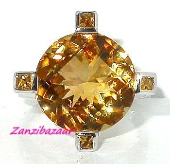 14K WHITE GOLD CHECKERBOARD CUT GOLDEN CITRINE RING  