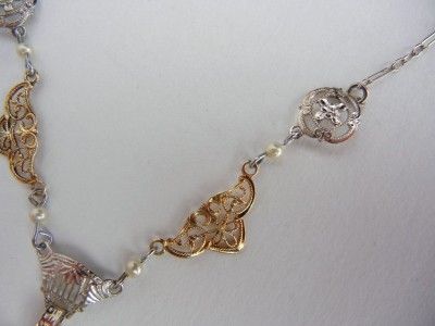Antique Art Deco White Gold Diamond Filigree Necklace  