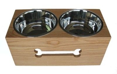 Solid Wood OAK Raised 2 bowl DOG bone FEEDER elevated  