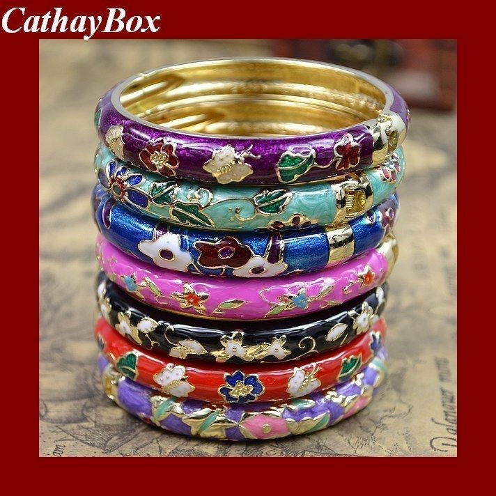 Womens 18KGP Floral Cloisonne Enamel Bangle Bracelet  