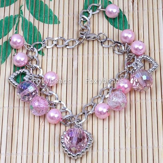 PINK PEARL CRYSTAL GLASS DANGLE BEADS CHAIN BRACELET 1X  