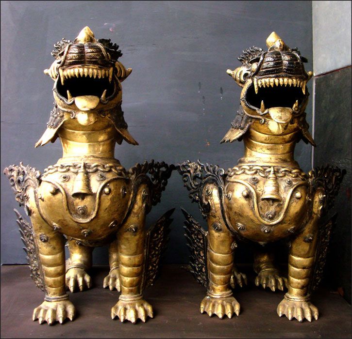 Bronze Temple Lions Pair of Male and Female, Nepal  