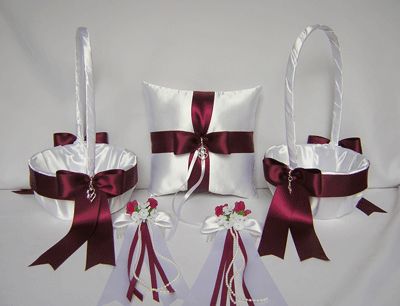 Burgundy Heart Flower Girl Baskets Pillow headpieces  