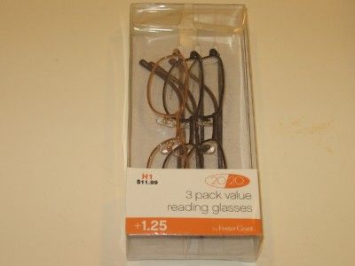 FOSTER GRANT 20/20 READING GLASSES 3 PACK 1.25 POWER  