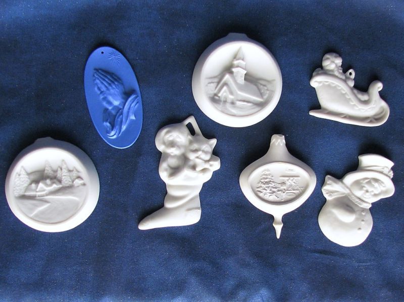 SET OF 7 PORCELAIN BISQUE CHRISTMAS ORNAMENTS  