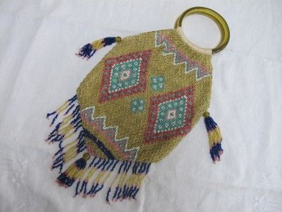 ANTIQUE EDWARDIAN LIBERTY BEADED BEADWORK & GLASS HANDLED PURSE BAG 