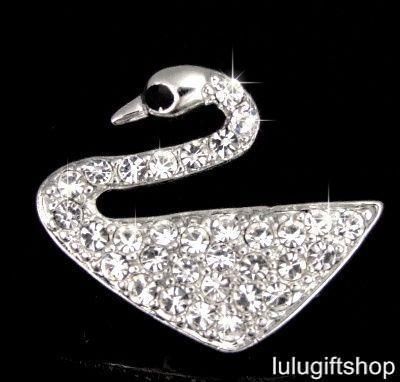 WHITE GOLD PLATED SWAN BROOCH PIN USE SWAROVSKI CRYSTAL  