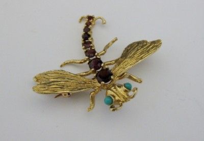   YELLOW GOLD GARNET & PERSIAN TURQUOISE DRAGONFLY PIN   