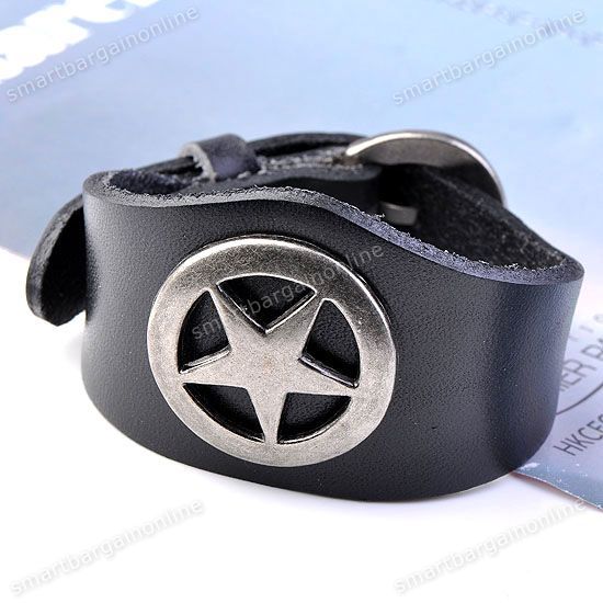 Mens Gothic Punk Black Leather Iron Star Belt Buckle Bracelet Cuff 