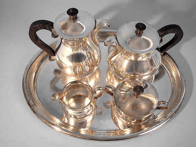 ART DECO SOLID SILVER SET COFFEE POT MILKER TRAY SUGAR BOWL TEA POT 