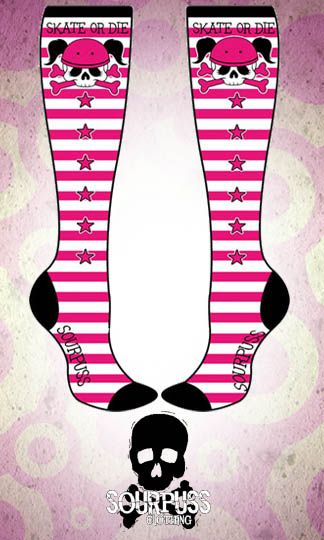 Pink and White stripe roller derby socks with Skate or Die and a 