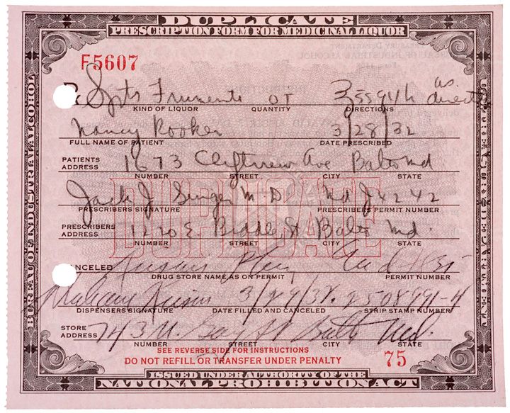 Prohibition Prescription Form   Medicinal Liquor  