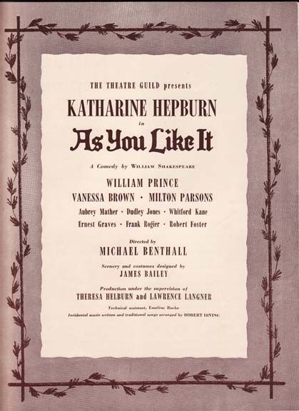 Program ?As You Like It? Katharine Hepburn 1930s  