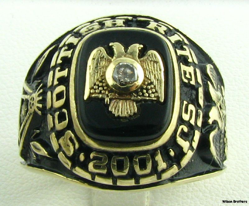 32nd Scottish Rite Diamond Onyx Masonic Class Ring   10k Gold Masons 