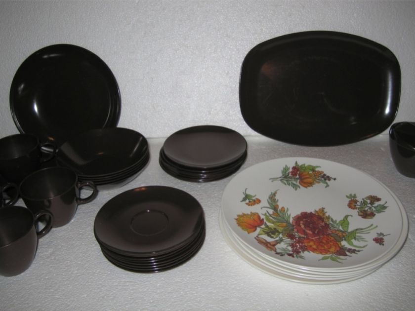   tea garden vtg Melmac dinnerware lot 70s brown floral fall colors dish